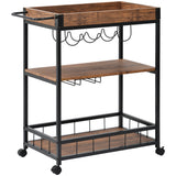 Kitchen Serving Cart with Removable Tray, 3-Tier Kitchen Utility Cart on Wheels with Storage, Universal Casters with Brakes, Leveling Feet, Rustic (Brown)_3