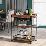 Kitchen Serving Cart with Removable Tray, 3-Tier Kitchen Utility Cart on Wheels with Storage, Universal Casters with Brakes, Leveling Feet, Rustic (Brown)_0