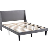 Double Bed Velvet Grey 4FT6 Upholstered Bed with Winged Headboard, Wood Slat Support_1