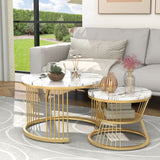 Round Coffee Tables, Removable Set of 2 End Table, Nesting Tables with Gold Metal Frame Legs and Marble Pattern Top for Living Room, Bedroom, Office, Balcony, Apartment_1