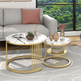 Round Coffee Tables, Removable Set of 2 End Table, Nesting Tables with Gold Metal Frame Legs and Marble Pattern Top for Living Room, Bedroom, Office, Balcony, Apartment_3