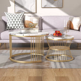 Round Coffee Tables, Removable Set of 2 End Table, Nesting Tables with Gold Metal Frame Legs and Marble Pattern Top for Living Room, Bedroom, Office, Balcony, Apartment_5