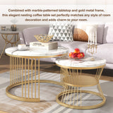 Round Coffee Tables, Removable Set of 2 End Table, Nesting Tables with Gold Metal Frame Legs and Marble Pattern Top for Living Room, Bedroom, Office, Balcony, Apartment_19