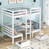 Functional Loft two Drawers, Twin Bedframe turn into Upper Bed and Down Desk, Bunk Bed with Adjustable Tables, Cushion Sets are Free for Bedroom, Dorm, Children Kids, White (90x190cm)_0