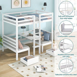 Functional Loft two Drawers, Twin Bedframe turn into Upper Bed and Down Desk, Bunk Bed with Adjustable Tables, Cushion Sets are Free for Bedroom, Dorm, Children Kids, White (90x190cm)_3