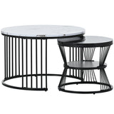 Modern Nesting Coffee Table, Coffee Table Set Marble Veneer Sofa Side Nest of Tables Round End Tables, Set of 2, Black Color Frame_14
