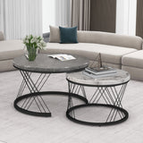 Round Coffee Table, Modern Coffee Table Set of 2 Marble Pattern Top with Metal Frame, Small Side Table, End Table for Living Room, Bedroom, Home Office, Farmhouse, White and Black_2