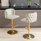 360° Swivel Bar Stools Set of 2 with Adjustable Seat Height, Modern PU Upholstered Chrome Base Bar Chairs with Tufted Button Back, for Dining Room Home Pub Kitchen Island, Steel Footrest&Base_0