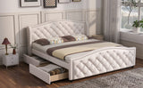 Upholstered bed 135 x 190cm - bed with slatted frame, 2 drawers and headboard with pull point rivets - wood & faux leather - white - youth bed guest bed_16
