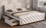 Upholstered bed 135 x 190cm - bed with slatted frame, 2 drawers and headboard with pull point rivets - wood & faux leather - white - youth bed guest bed_18