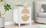 2 Drawer Ratten Bedside Table, Natural Nightstand Cabinet with 2 Ratten Drawers Storage and Wood Legs, Rustic Shelf Bedside End Side Accent Table for Bedroom/Living Room (1PC, White)_15