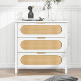 Bedroom Chest of Drawers with 3 Drawers, Modern Wooden Chest of Drawers with 3 Rattan Drawers, White Sideboard with Spacious Storage, Rattan Cabinet for Bedroom/Living Room/Kitchen/Vanity_0