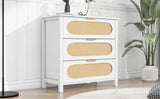 Bedroom Chest of Drawers with 3 Drawers, Modern Wooden Chest of Drawers with 3 Rattan Drawers, White Sideboard with Spacious Storage, Rattan Cabinet for Bedroom/Living Room/Kitchen/Vanity_14