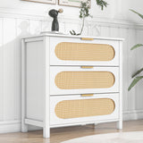 Bedroom Chest of Drawers with 3 Drawers, Modern Wooden Chest of Drawers with 3 Rattan Drawers, White Sideboard with Spacious Storage, Rattan Cabinet for Bedroom/Living Room/Kitchen/Vanity_1