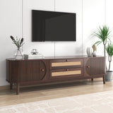 TV Cabinet - Natural Walnut Color Mixed TV Panel with Doors and Drawers. TV cabinet with rattan drawers, storage solution, natural country house style_7