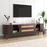 TV Cabinet - Natural Walnut Color Mixed TV Panel with Doors and Drawers. TV cabinet with rattan drawers, storage solution, natural country house style_8