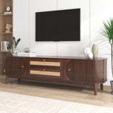 TV Cabinet - Natural Walnut Color Mixed TV Panel with Doors and Drawers. TV cabinet with rattan drawers, storage solution, natural country house style_4