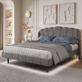 Upholstered bed, 150*200 cm functional bed, body-sensing LED light at bedside, light strips at bedside and foot, slatted frame, mattress not included, velvet, grey_3