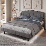Upholstered bed, 150*200 cm functional bed, body-sensing LED light at bedside, light strips at bedside and foot, slatted frame, mattress not included, velvet, grey_2